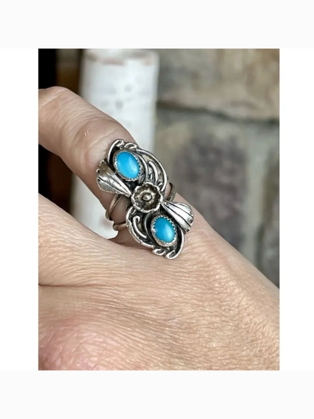 Navajo Sterling Silver Double Stone Turquoise Ring - Picture 3 of 8